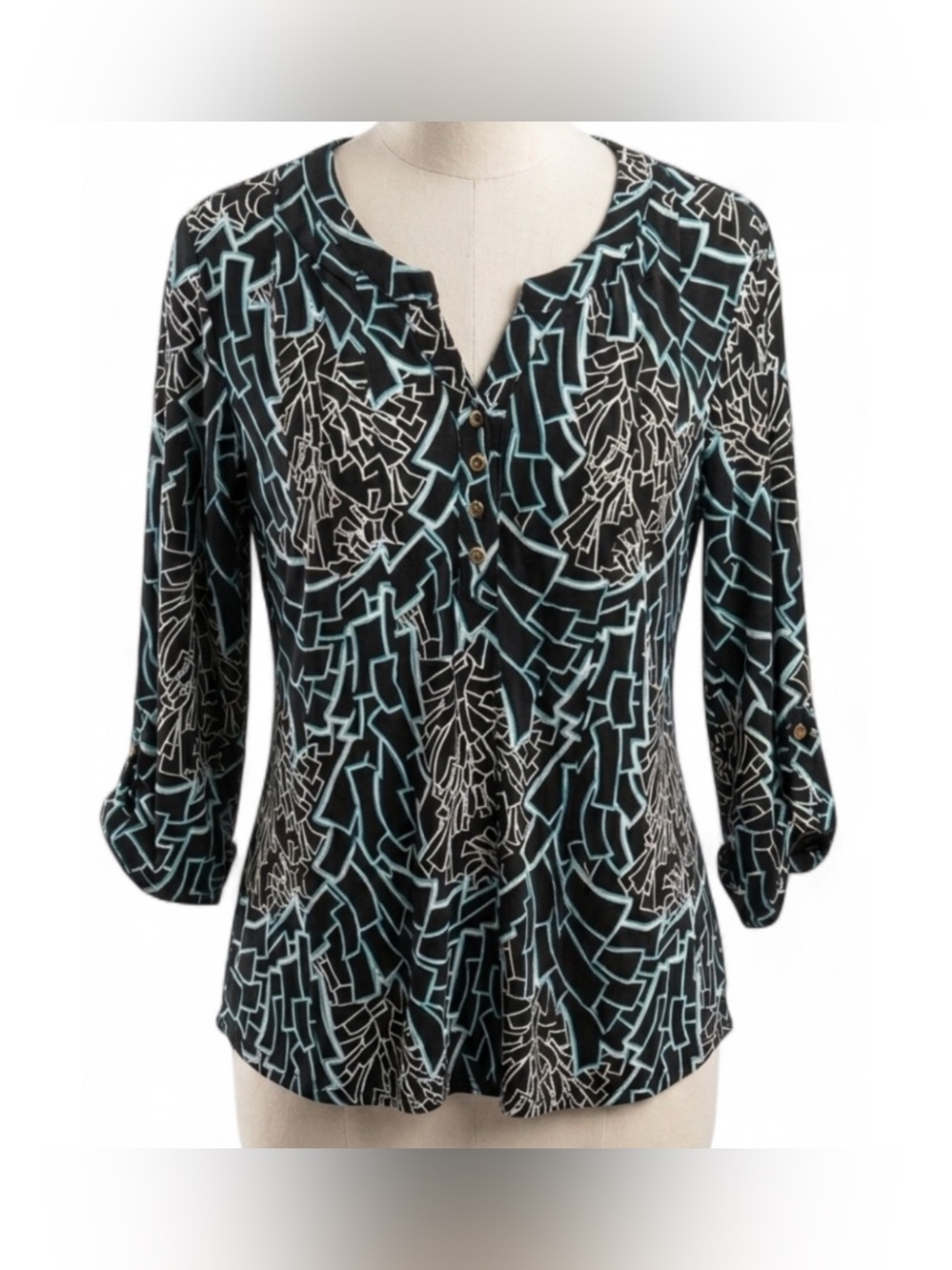 By Design Geometric V-Neck Roll-Tab Sleeve Blouse Black Blue White Size XL